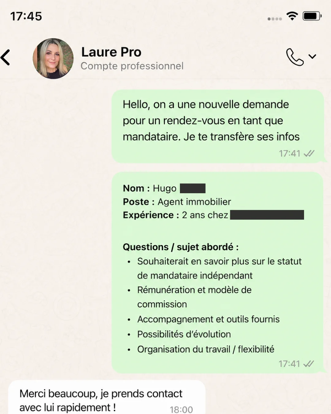 Conversation WhatsApp : demande de rendez-vous d'un agent immobilier intéressé par le statut de mandataire LGM