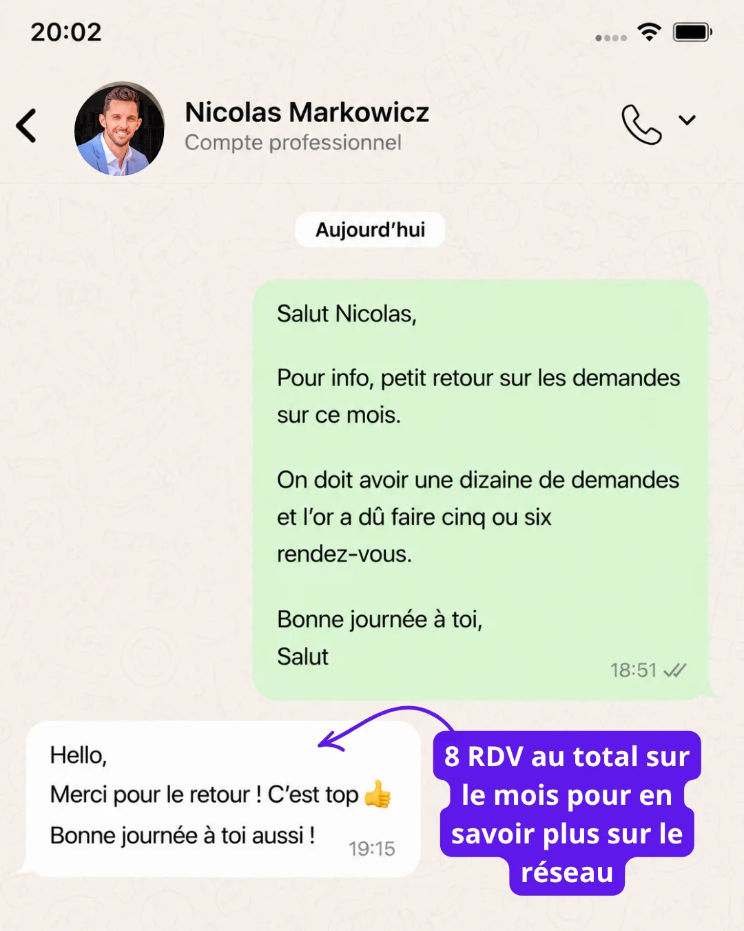 Conversation WhatsApp avec Nicolas Markowicz : 8 RDV au total sur le mois pour en savoir plus sur le réseau LGM