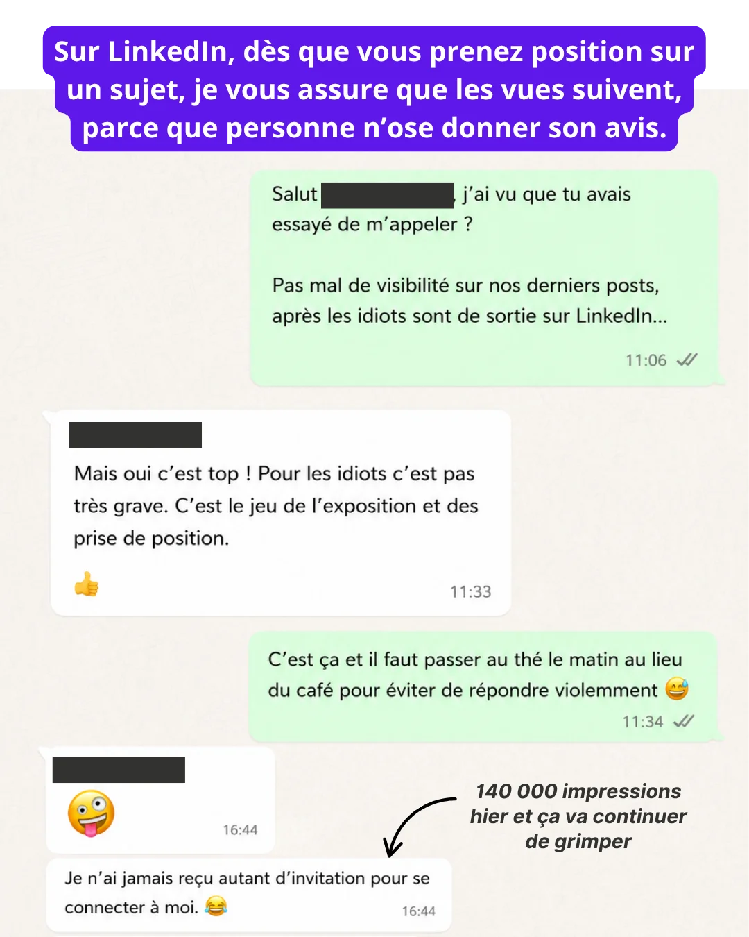 Échange WhatsApp : 140 000 impressions hier et ça va continuer de grimper